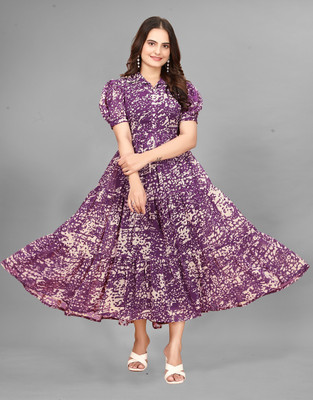 RIDDHI TEXTILES Women Fit and Flare Maroon Maxi/Full Length Dress