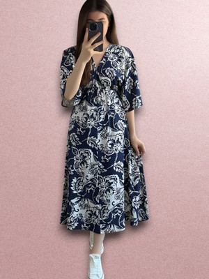 RAAM TEXTILE Women Gown Blue Knee Length Dress