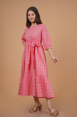 INDIANIC Women Tiered Pink Dress