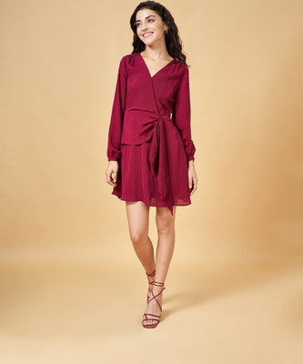 PEOPLE Women Fit and Flare Maroon Knee Length Dress