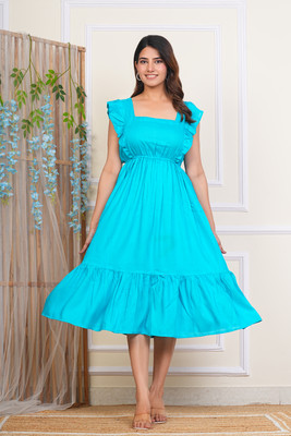 FINEandTOUCH Women Fit and Flare Blue Midi/Calf Length Dress