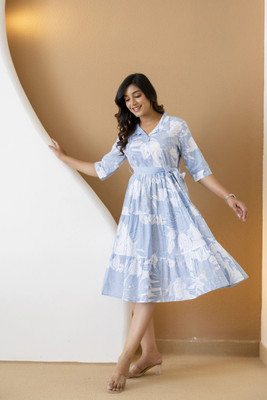 NG Fashion Women Fit and Flare Blue, White Midi/Calf Length Dress