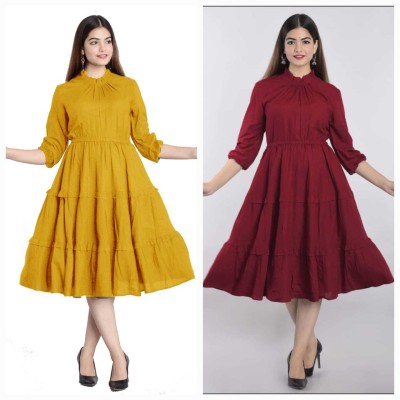 NG Fashion Women Fit and Flare Yellow, Maroon Dress