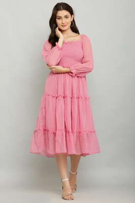 Rare Fashion Women Fit and Flare Pink Midi/Calf Length Dress