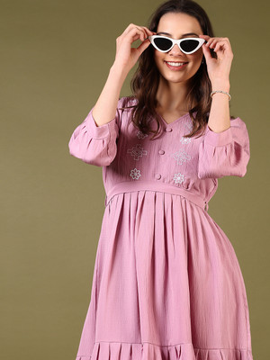 V-MART Women Fit and Flare Pink Knee Length Dress