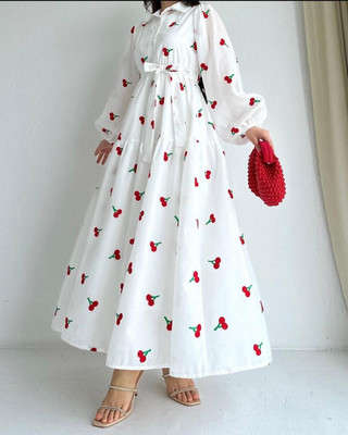 SIRROWFAB Women Fit and Flare White, Red Maxi/Full Length Dress