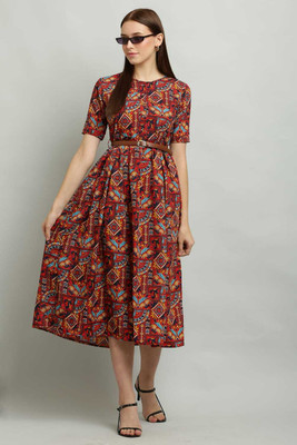 Shyammc Women Fit and Flare Multicolor Midi/Calf Length Dress