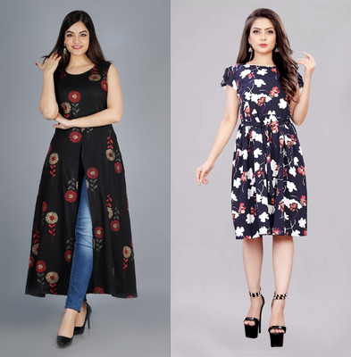 Hiral Creation Women Fit and Flare Multicolor Knee Length Dress