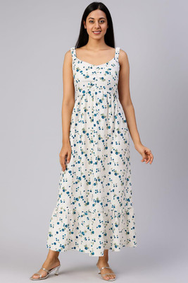 ROSEMELON Women A-line White, Blue Ankle Length Dress