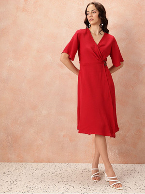 all about you Women Wrap Red Knee Length Dress