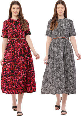 Miranga Women Fit and Flare Brown, Blue Midi/Calf Length Dress