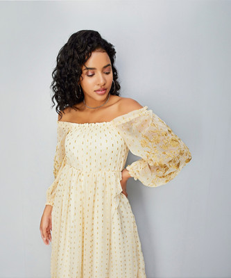 MAX Women Fit and Flare Beige, Gold Maxi/Full Length Dress