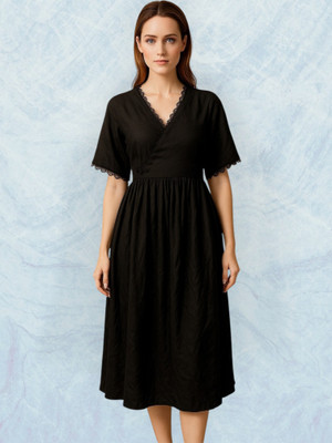 RAAM TEXTILE Women Gown Black Below Knee Dress