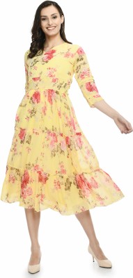 Nibiha Women A-line Yellow, Red, Dark Green Dress