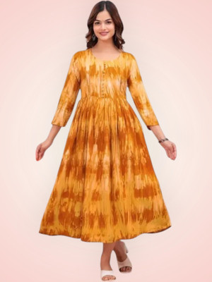 RAAM TEXTILE Women Gown Yellow Knee Length Dress