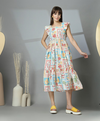 Wordope Women Tiered White Midi/Calf Length Dress