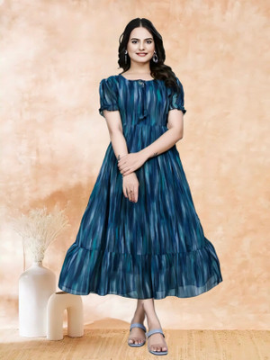 QVAZOR Women Fit and Flare Blue Maxi/Full Length Dress