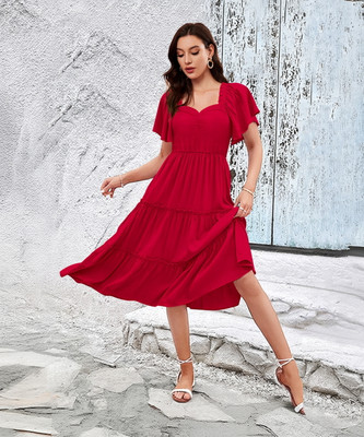 Toochki Women Fit and Flare Red Midi/Calf Length Dress