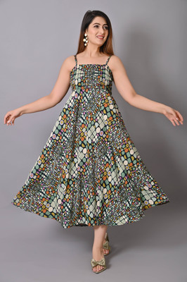 VYMO Women Fit and Flare Multicolor Midi/Calf Length Dress
