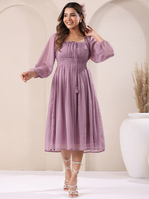 Janasya Women Fit and Flare Purple Midi/Calf Length Dress
