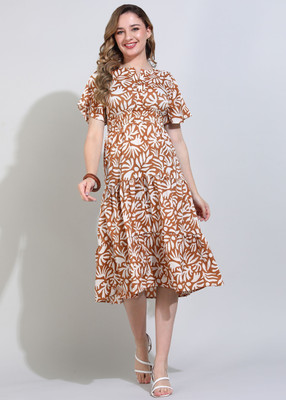DEHITAFASHION Women Fit and Flare Brown Below Knee Dress