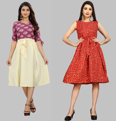 maruti fab Women Fit and Flare Pink, Red Knee Length Dress