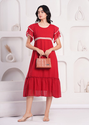 JC4U Women Gathered Red Midi/Calf Length Dress