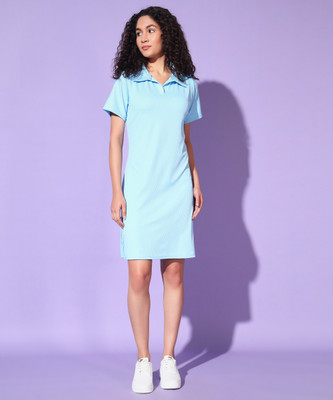 Christy World Women T Shirt Light Blue Above Knee/Mid Thigh Length Dress