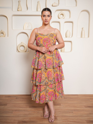PURVAJA Women Layered Yellow, Multicolor Midi/Calf Length Dress