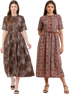 Mamnoon Women Fit and Flare Yellow, White Midi/Calf Length Dress