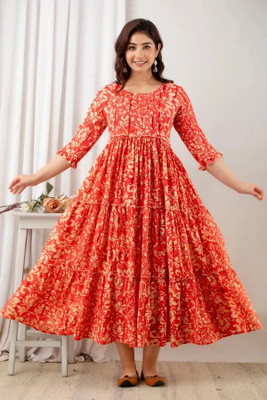 Gajal Women Printed A-line Kurta(Orange)