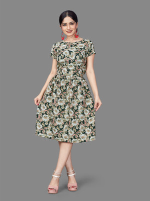 HouseOfCommon Women Fit and Flare Green Below Knee Dress