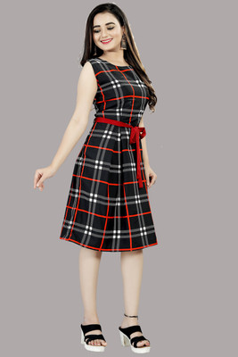 Hiral Creation Women Fit and Flare Black, White, Red Knee Length Dress