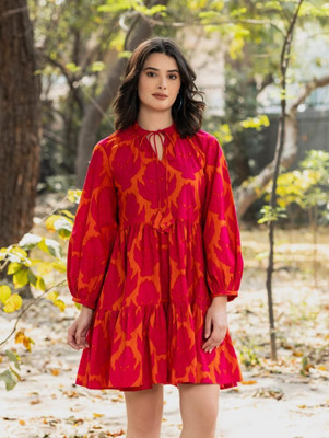 Shree Shreenathji creation Women Fit and Flare Red Above Knee/Mid Thigh Length Dress