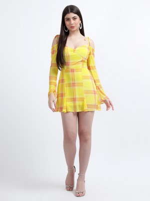 HouseOfCommon Women Fit and Flare Yellow, Pink, White Dress