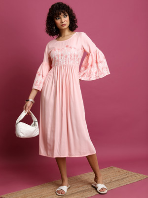 Vishudh Women A-line Pink Midi/Calf Length Dress