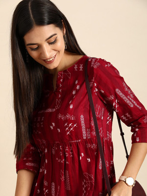 ANOUK Women Fit and Flare Red Midi/Calf Length Dress