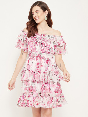 BITTERLIME Women Fit and Flare Pink Above Knee/Mid Thigh Length Dress