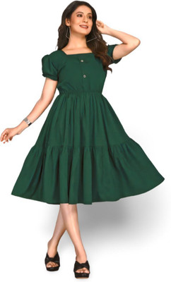 HouseOfCommon Women Fit and Flare Green Below Knee Dress
