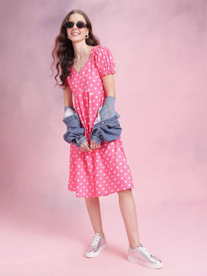 Dressberry Women Fit and Flare Pink Knee Length Dress
