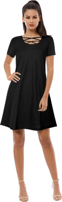 nayan Women Fit and Flare Black Above Knee/Mid Thigh Length Dress