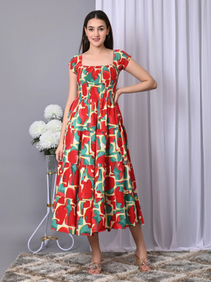 IQRAAR Women Fit and Flare Multicolor, Red, Green Midi/Calf Length Dress