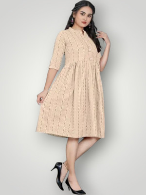 Rangrasiyt Women A-line Beige Knee Length Dress