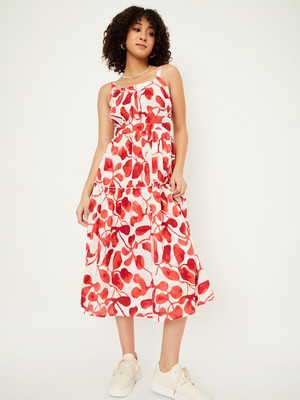 MAX Women Tiered Beige Midi/Calf Length Dress