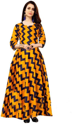 HouseOfCommon Women Maxi Blue, Yellow Full Length Dress