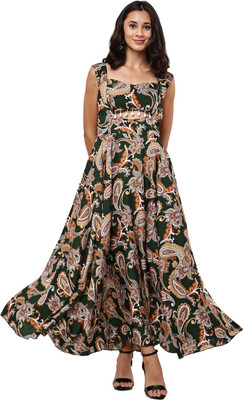 Hunoor Women Fit and Flare Green Ankle Length Dress