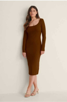 Western Darji Women Bodycon Brown Below Knee Dress