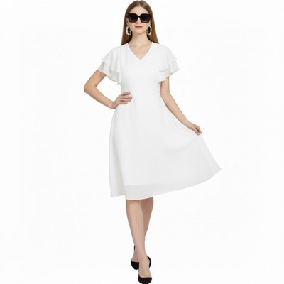 Warsian Women A-line White Knee Length Dress