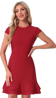AMEEZA Women Fit and Flare Red Above Knee/Mid Thigh Length Dress