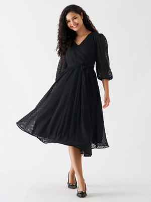 AASK Women Fit and Flare Black Midi/Calf Length Dress